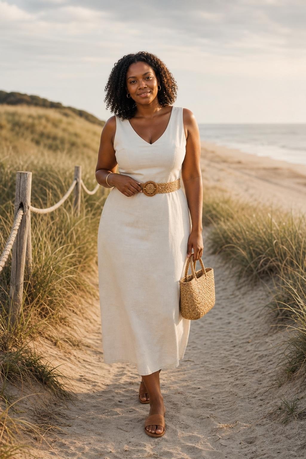 Sleeveless ivory linen dress, raffia belt, tan slides among dunes and beach grass (option 1)