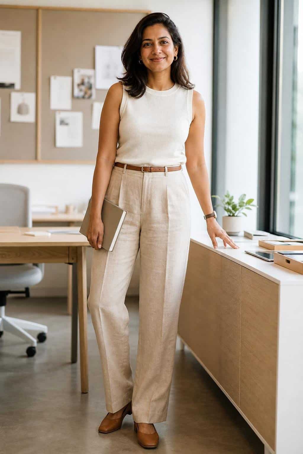 Sleeveless knit top, beige linen trousers, flat mules, slim belt, casual summer office (option 1)