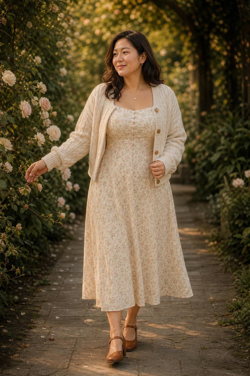 Small floral midi dress, cream chunky cardigan, tan Mary Janes, garden walkway mood (option 2)