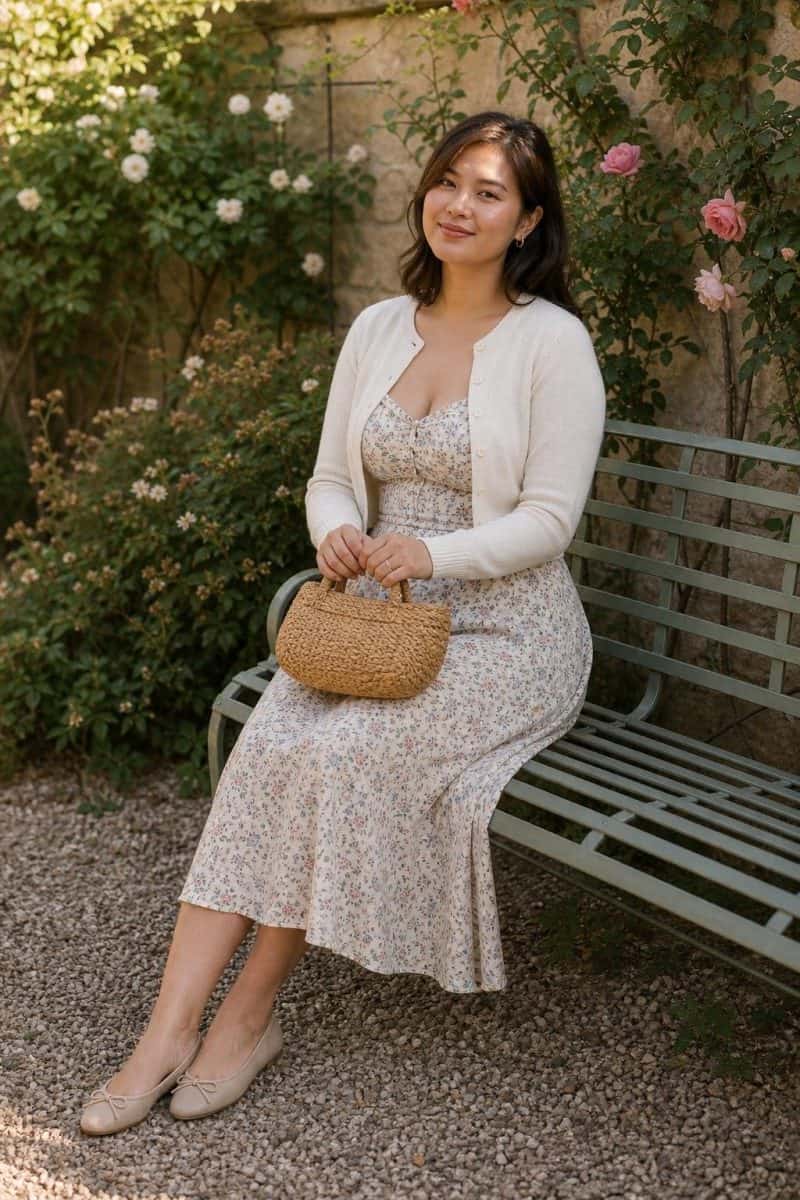 Small floral midi dress, cropped cream cardigan, ballet flats, woven handbag in a garden courtyard (option 1)