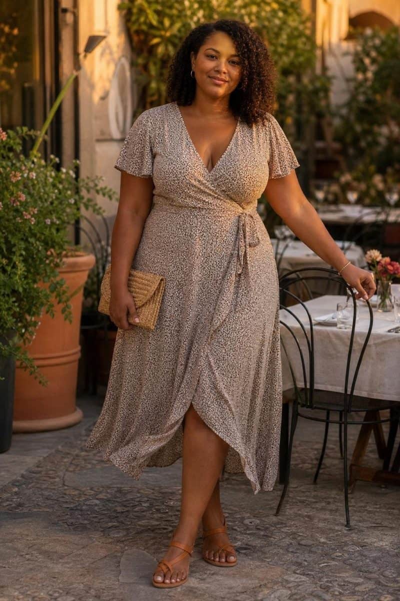 Small-print wrap midi dress, flat tan sandals, straw clutch, outdoor dinner terrace at golden hour (option 2)