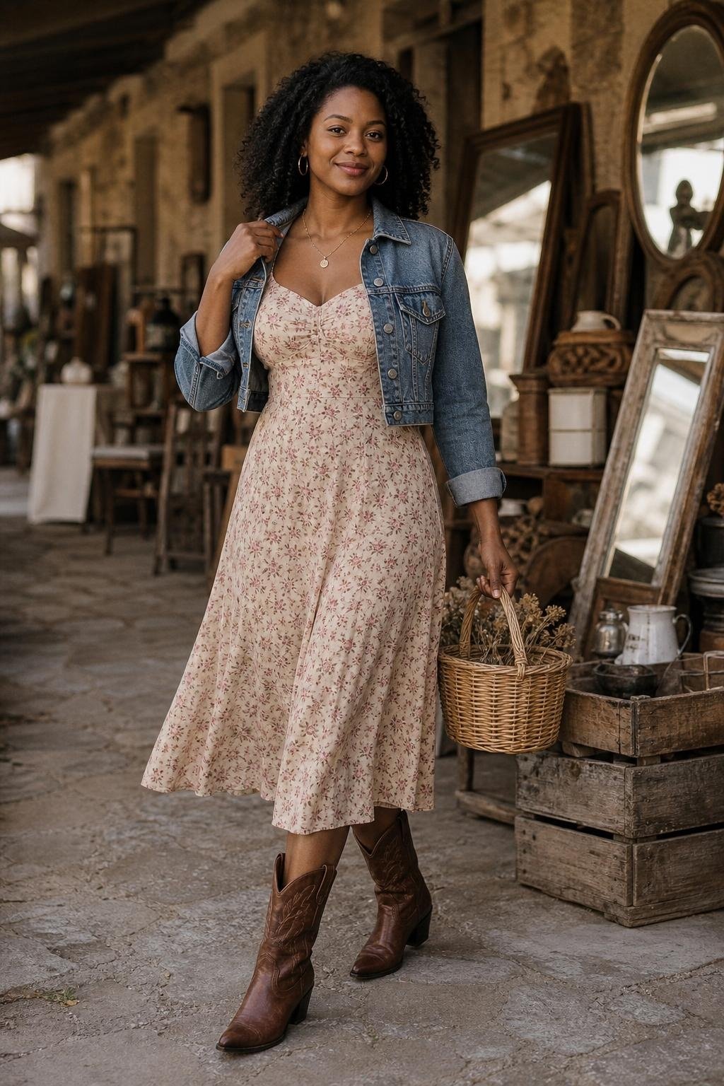 Small rose print midi dress, brown western boots, cropped denim jacket, antique market street (option 1)