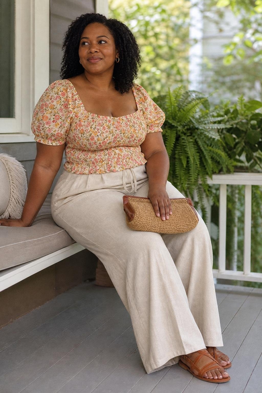Smocked floral top, natural linen pants, flat sandals, woven clutch, outdoor brunch scene (option 1)