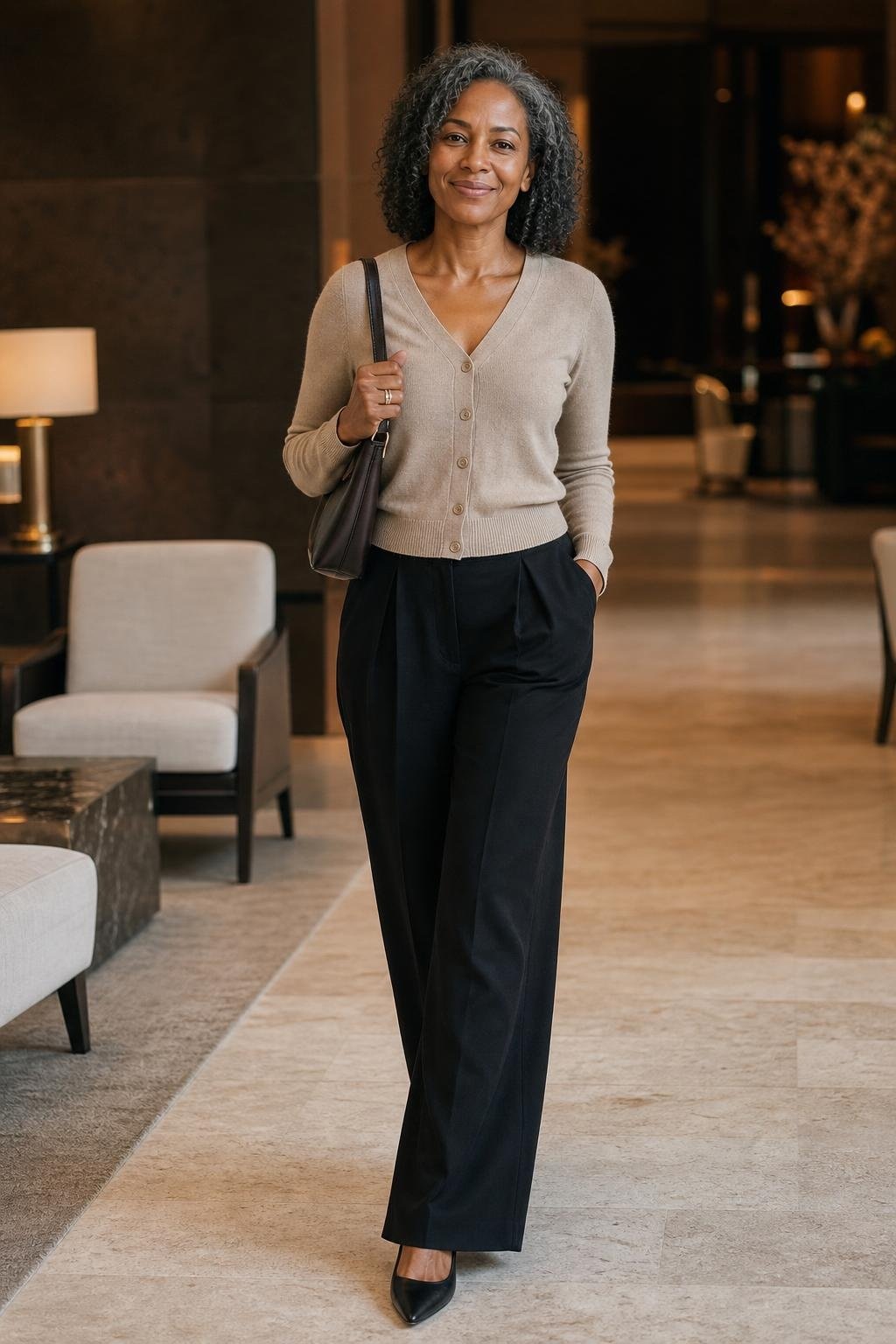 Soft beige cardigan buttoned as a top, black wide-leg trousers, pointed flats, leather shoulder bag in a hotel lobby (option 2)