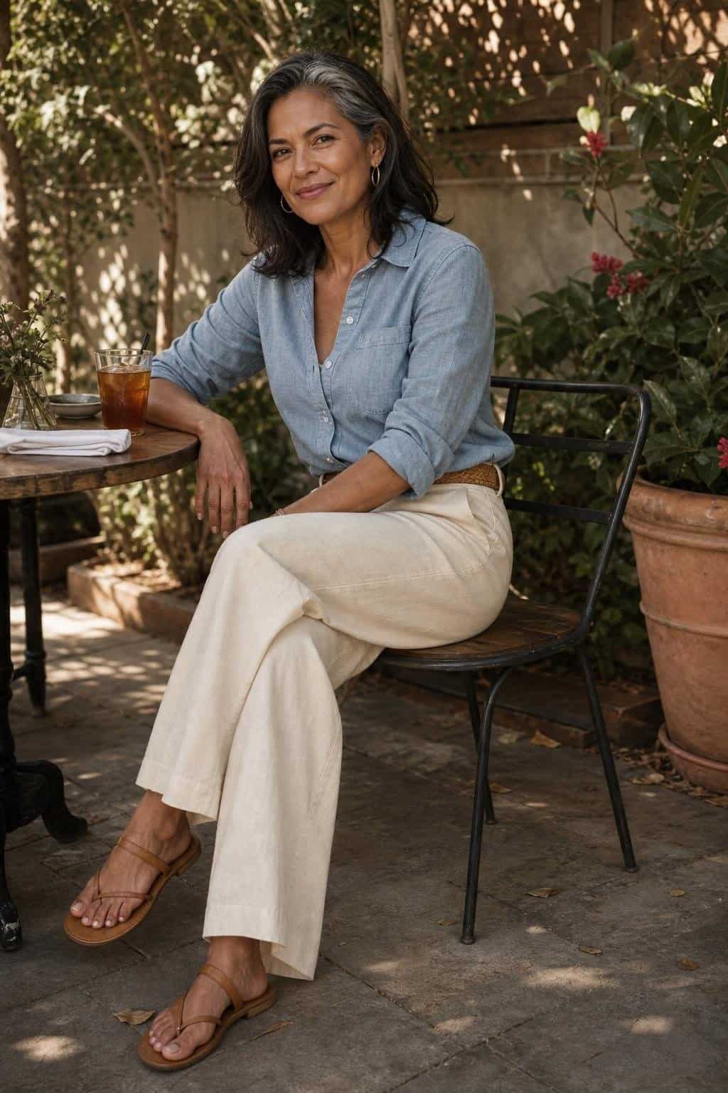 Soft chambray shirt, cream linen pants, woven belt, tan sandals, casual outdoor lunch (option 2)