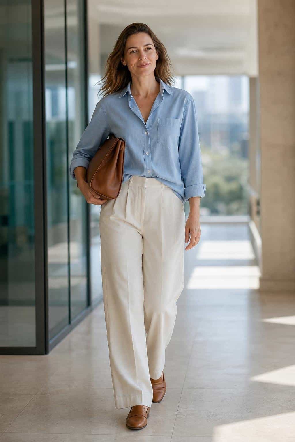 Soft chambray shirt, ecru relaxed trousers, tan loafers, leather tote, bright office hallway (option 1)