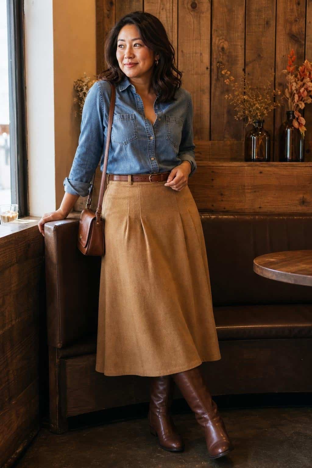 Soft denim shirt, camel wool midi skirt, brown knee boots, rustic café corner (option 2)