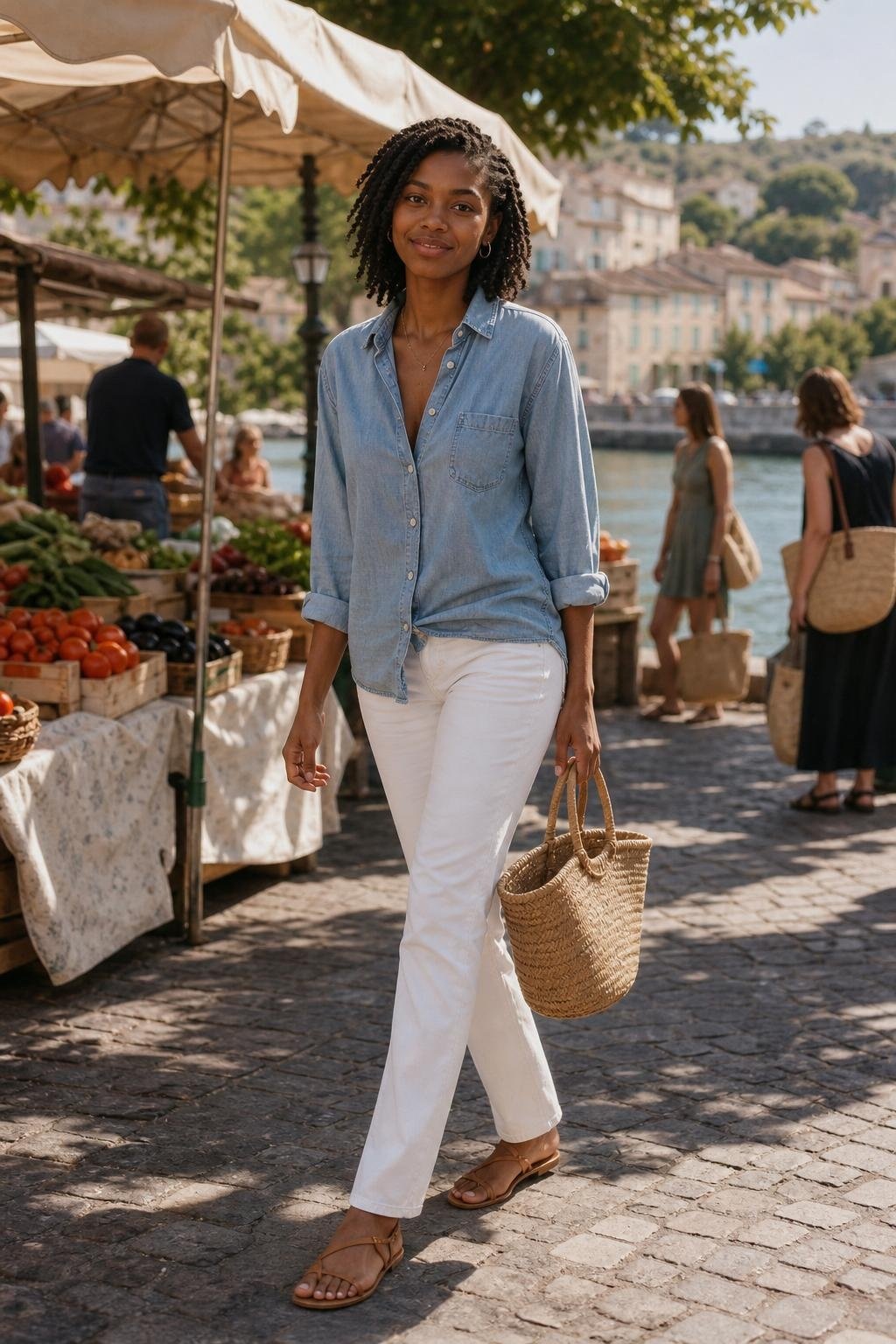 Soft denim shirt, white straight jeans, tan leather sandals, straw basket bag at an outdoor market (option 1)