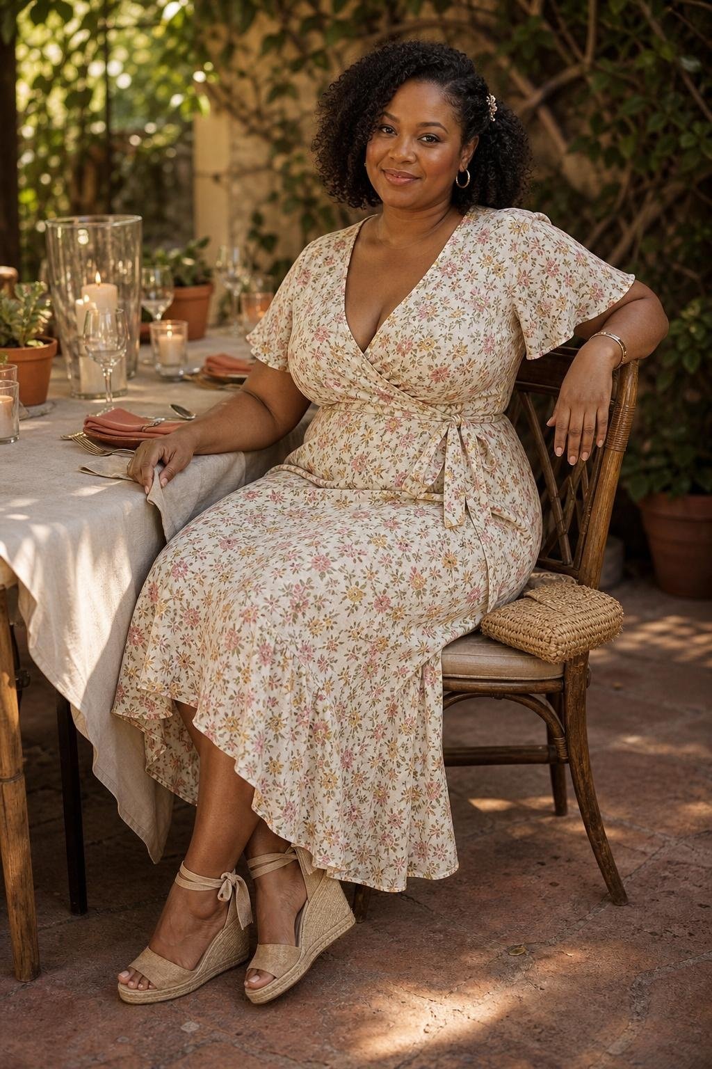 Soft floral wrap dress with espadrille wedges on a shaded patio, romantic summer dinner atmosphere (option 2)