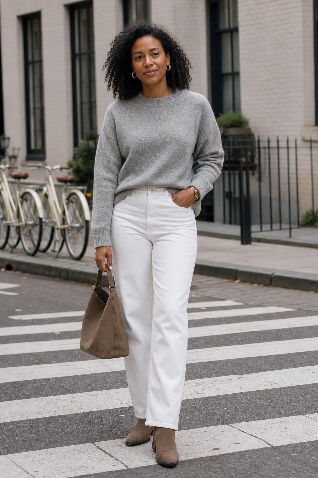 soft gray crewneck sweater, white straight jeans, taupe ankle boots, suede bag, cool spring street (option 2)