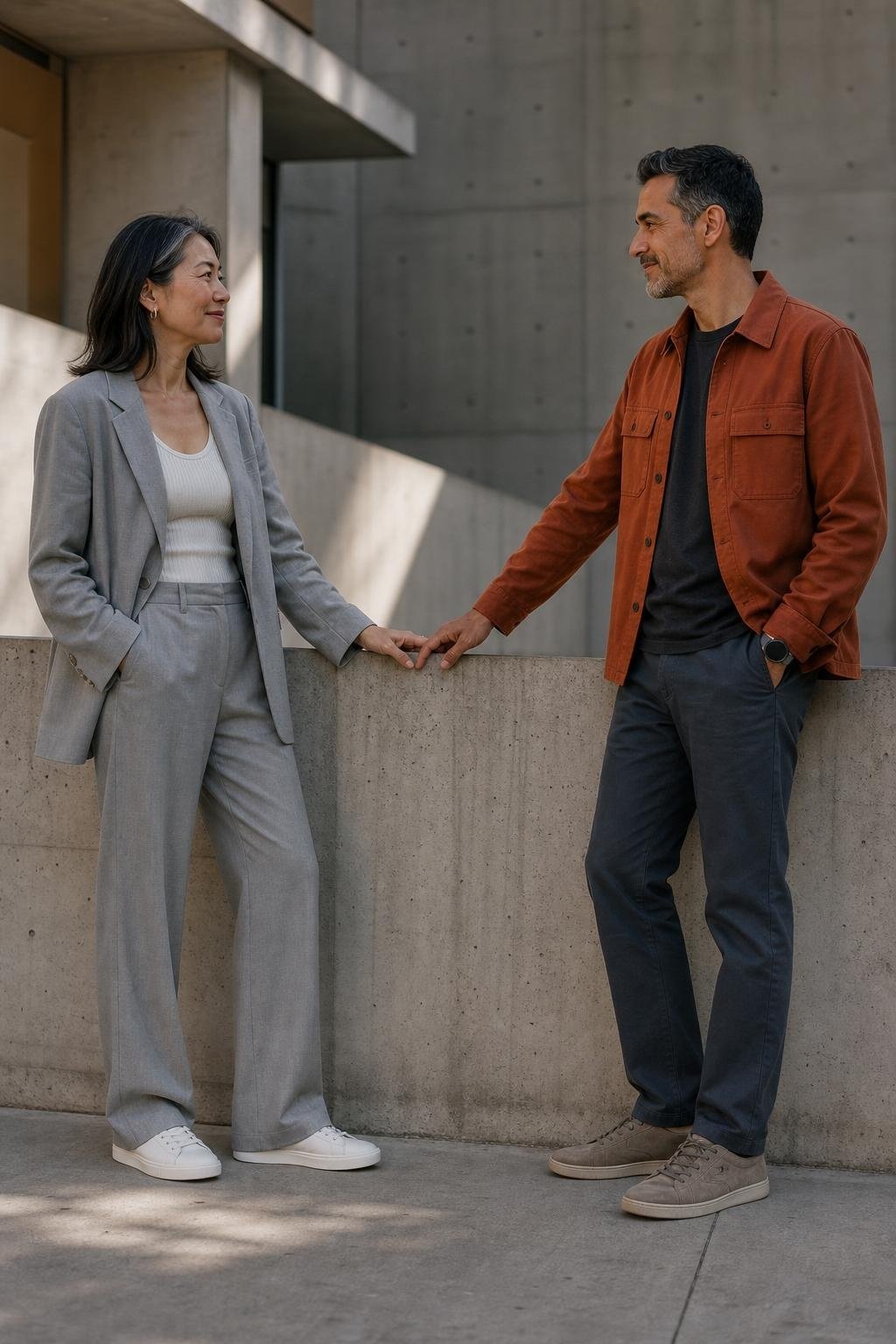 Soft gray relaxed suit with dove tank and white sneakers beside concrete architecture (option 2)