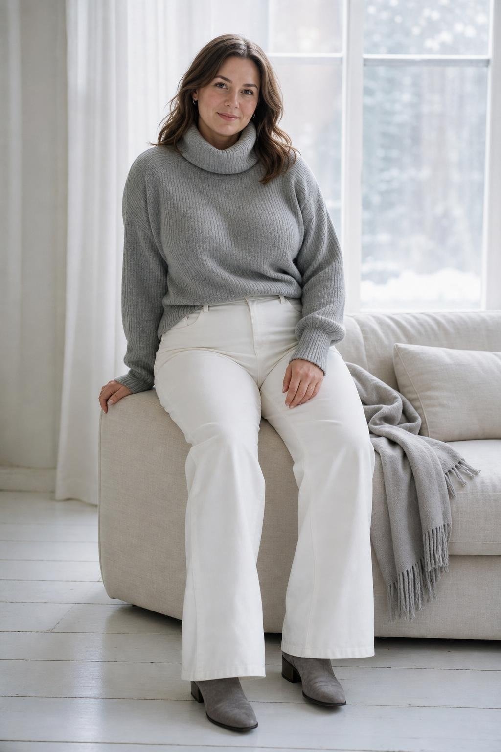 Soft grey turtleneck, white wide-leg jeans, grey suede boots, pale winter living room (option 2)