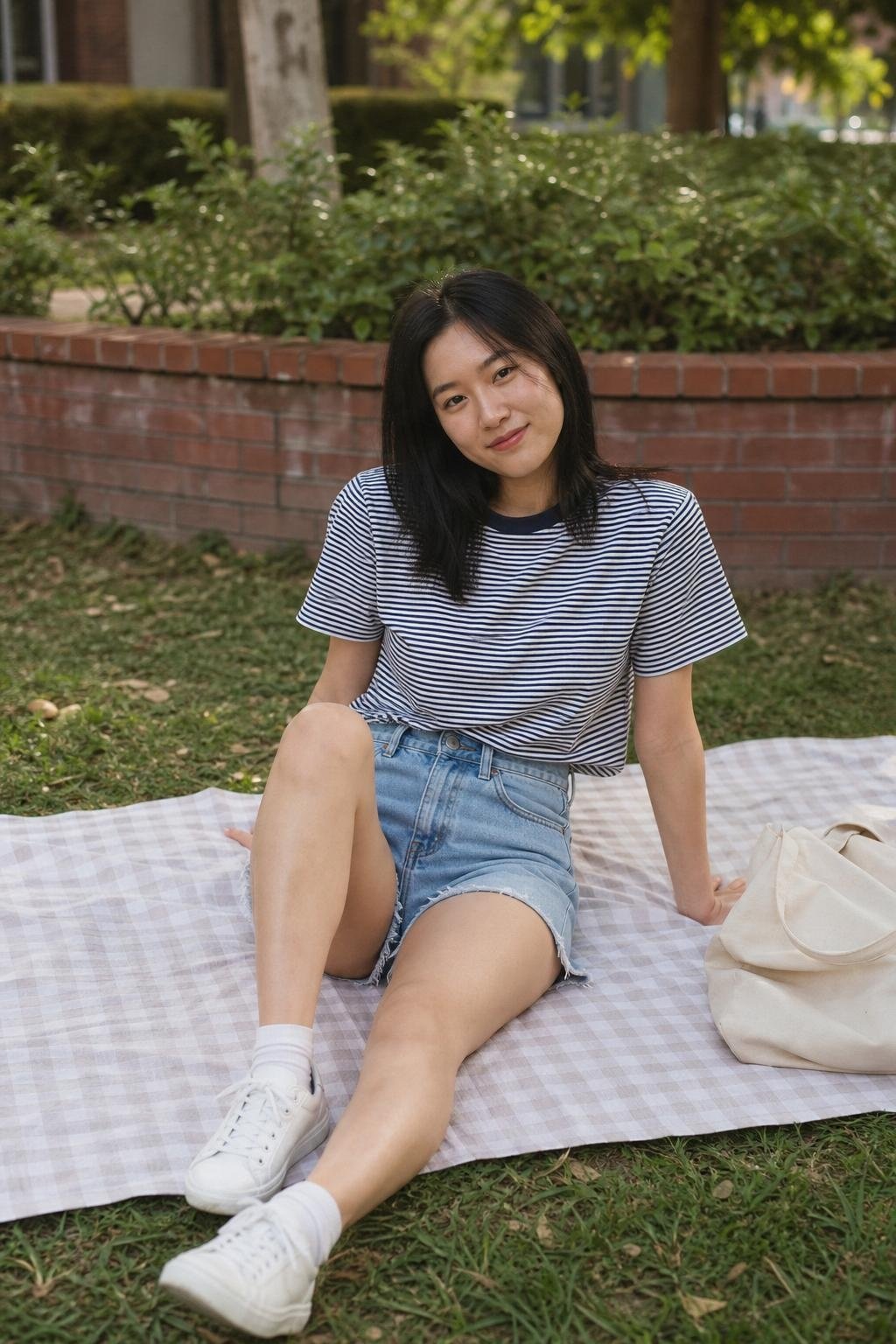 Soft light denim shorts with striped tee, white sneakers, canvas tote, casual park afternoon (option 1)