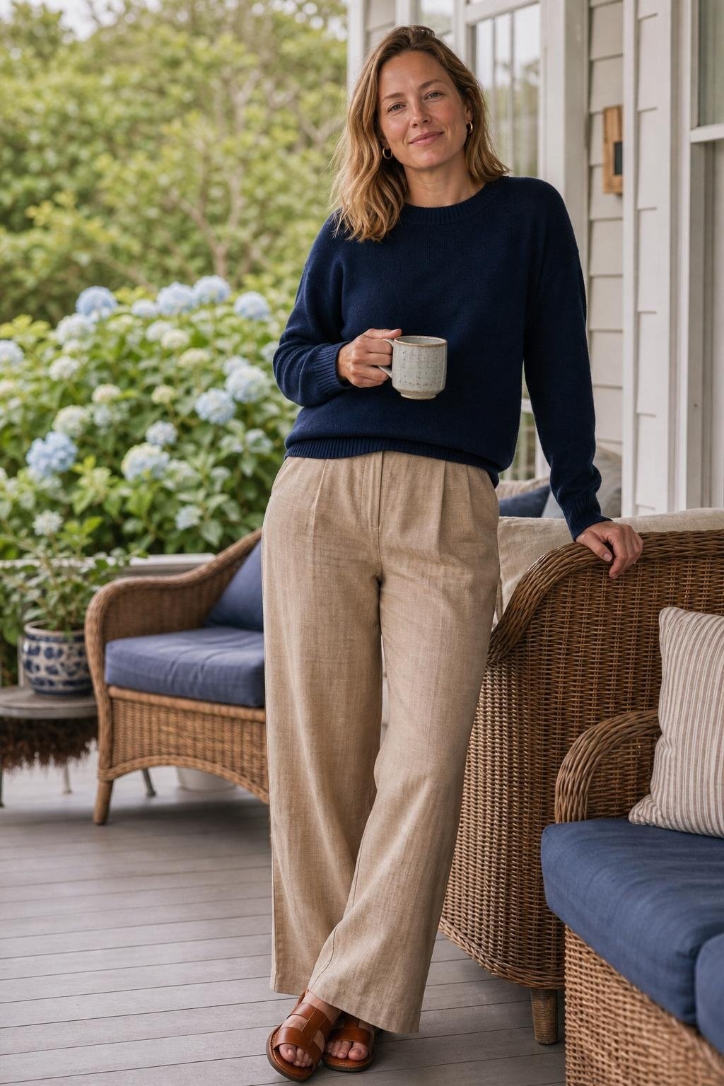 Soft navy crewneck sweater, tan linen pants, brown sandals on a porch with wicker chairs (option 1)