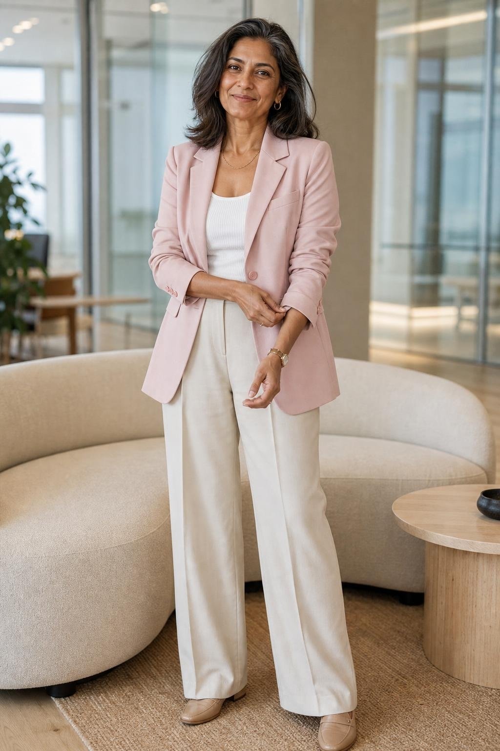 Soft pink blazer, cream trousers, white knit tank, nude loafers, bright office lounge (option 2)