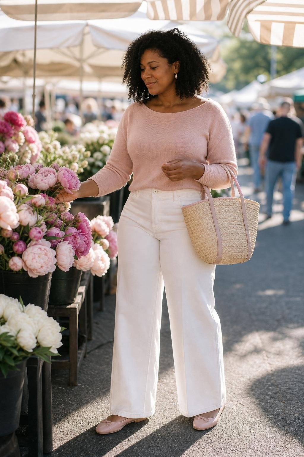 soft pink sweater, white wide-leg jeans, blush flats, woven tote, sunny weekend market (option 1)