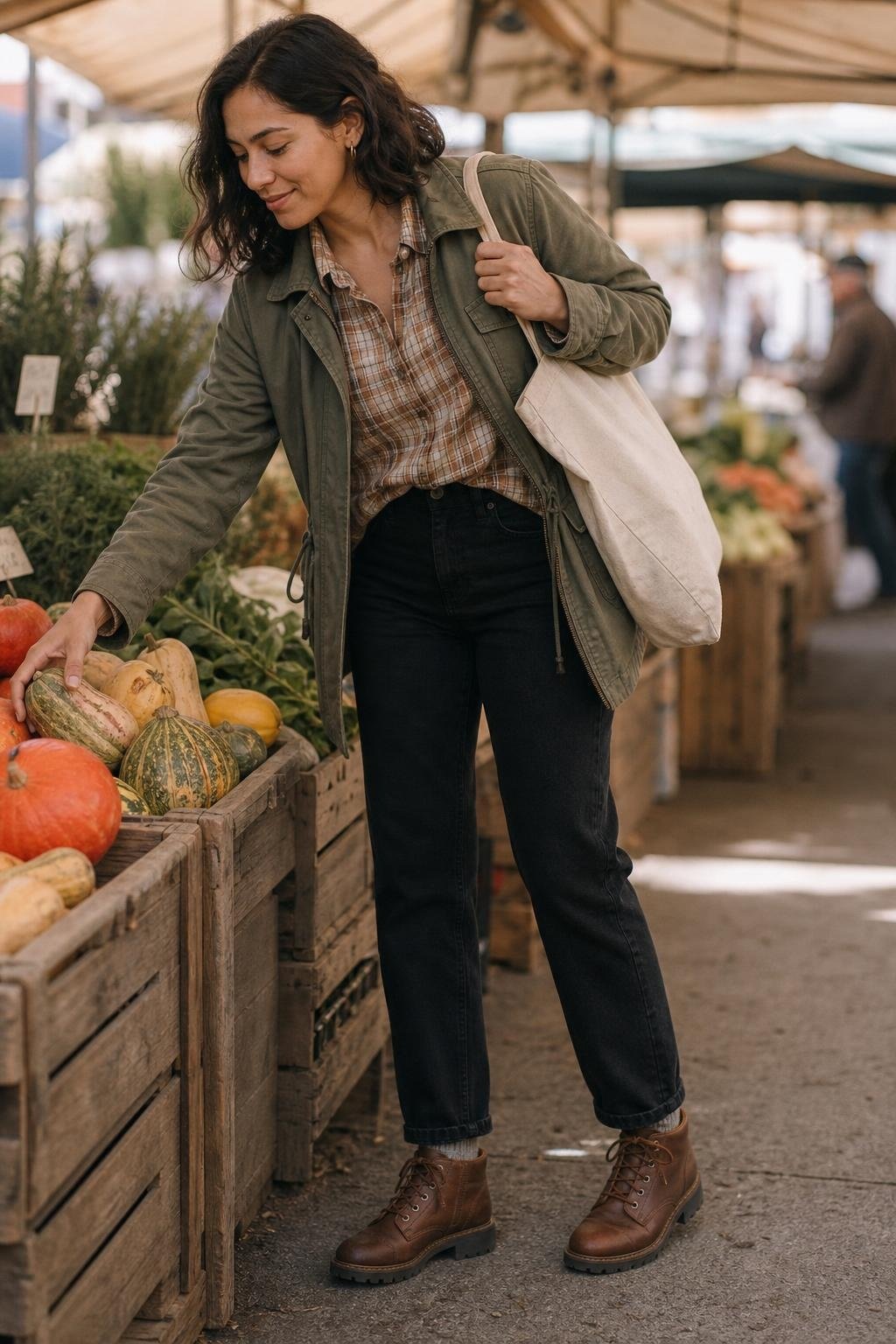 Soft plaid shirt half-tucked into black jeans, utility jacket, lace-up boots, farmers market aisle (option 1)