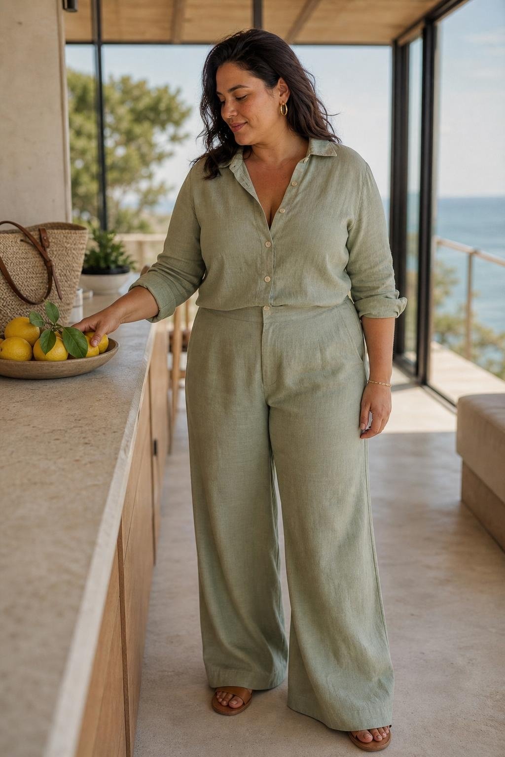 Soft sage linen button-up and matching wide pants, flat sandals in a breezy vacation rental kitchen (option 1)