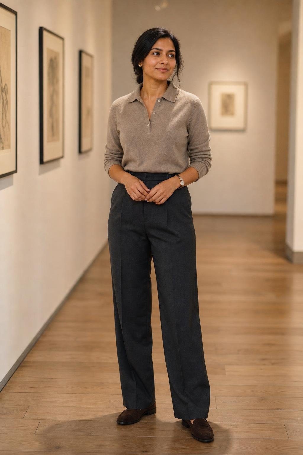 Soft taupe cashmere polo, high-waisted charcoal trousers, suede loafers, quiet art gallery hallway (option 2)