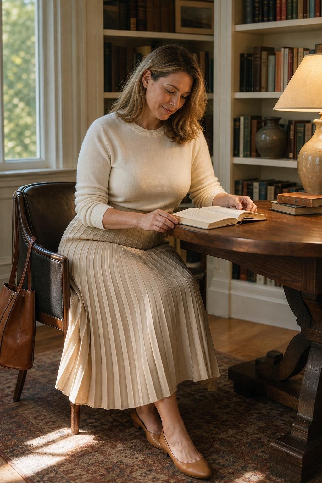 soft white crewneck sweater, beige pleated midi skirt, tan ballet flats, leather shoulder bag, quiet library table (option 2)