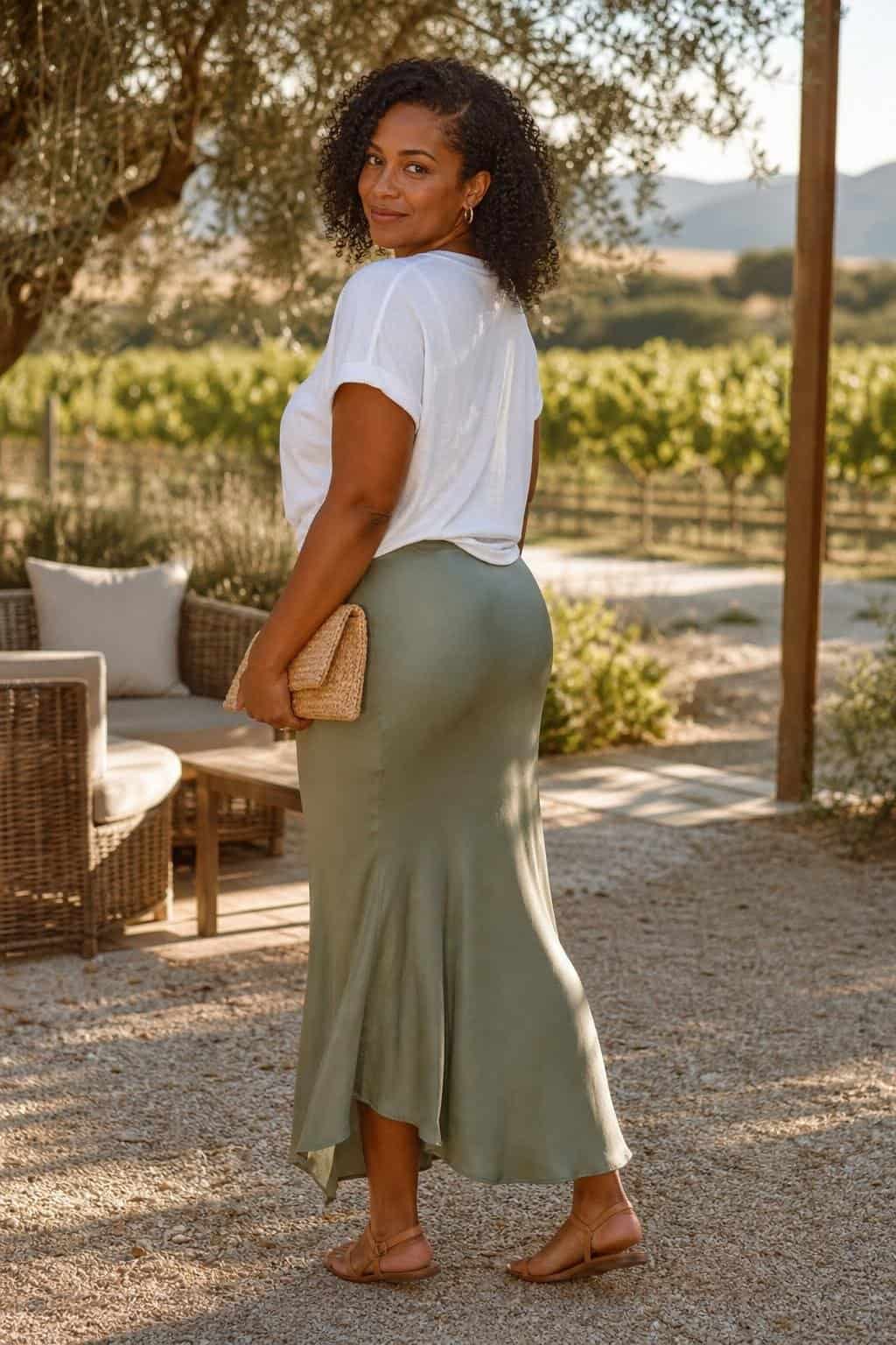 Soft white loose tee, sage bias-cut midi skirt, flat sandals, woven clutch, warm evening patio mood (option 1)