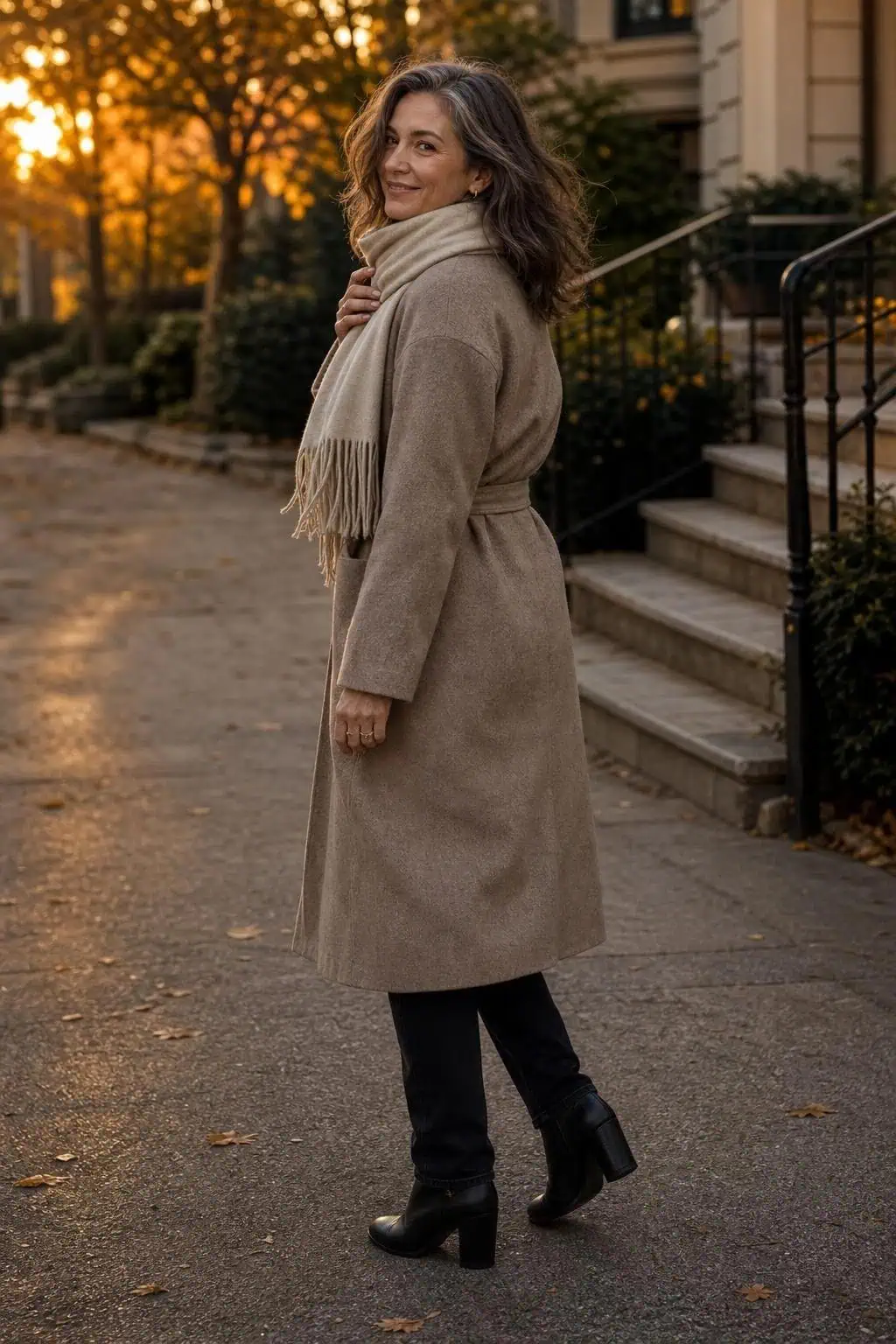Soft wrap coat, cashmere scarf, black turtleneck, black jeans, heeled boots, golden autumn evening (option 1)