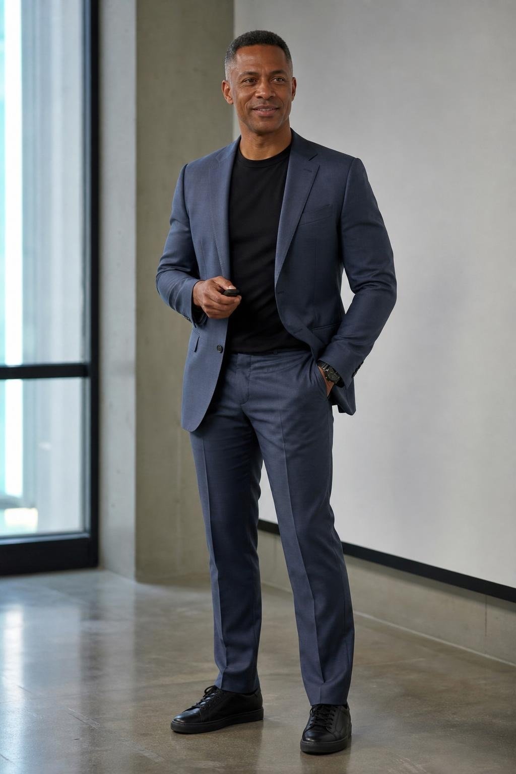Steel blue suit, black crewneck T-shirt, black leather sneakers, minimalist tech office presentation space (option 2)