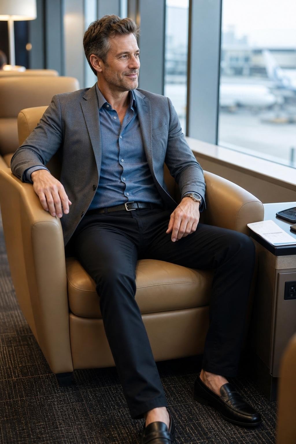 Steel gray performance blazer, blue chambray shirt, black chinos, dark loafers, airport business travel lounge (option 2)