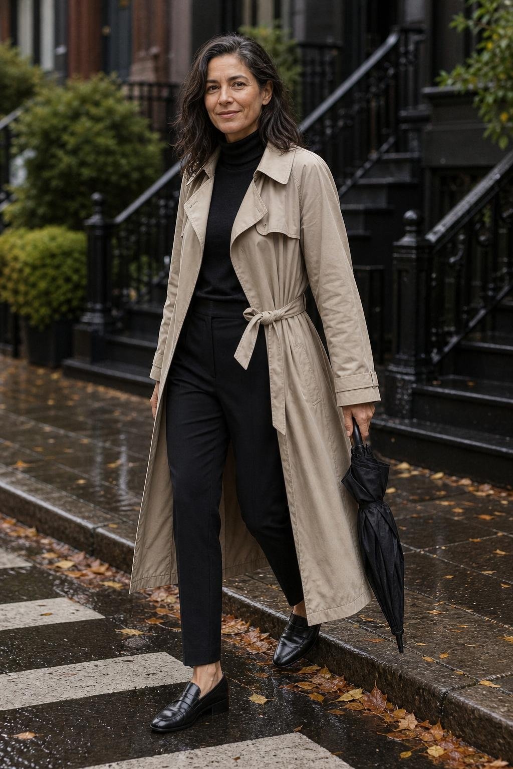 Stone trench coat, black turtleneck, black slim trousers, black loafers, rainy city crosswalk (option 2)