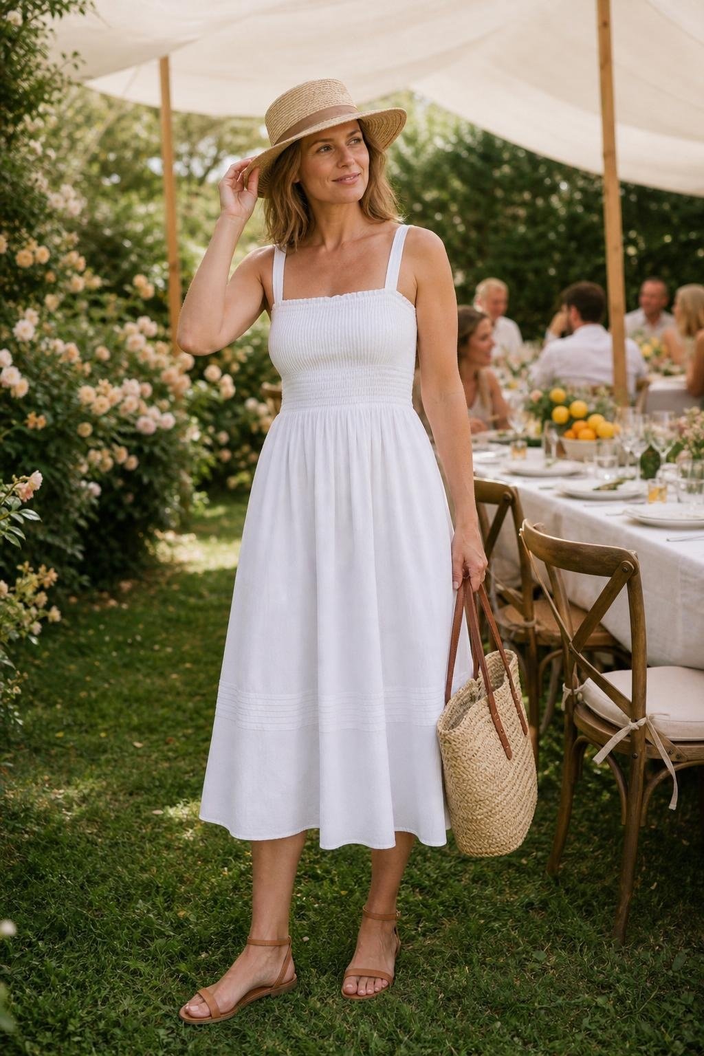 Straw hat with cotton sundress, flat sandals, woven tote, bright garden party afternoon (option 2)