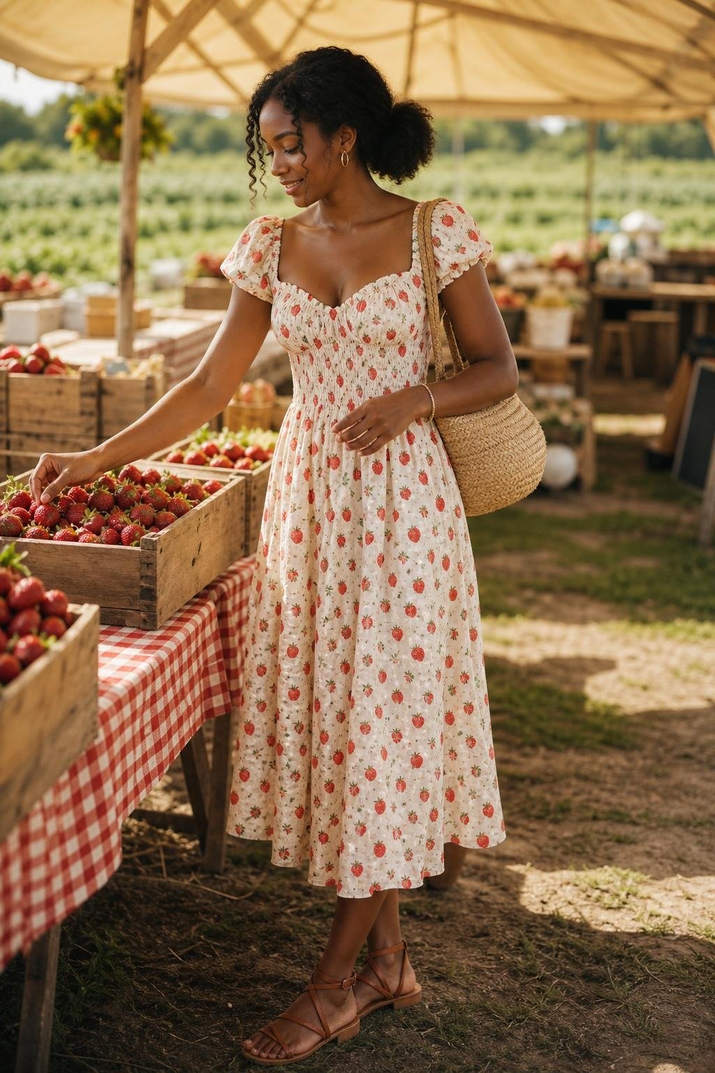 Strawberry print cotton dress with neutral sandals and straw tote at a farm stand, cheerful summer cottage scene (option 2)