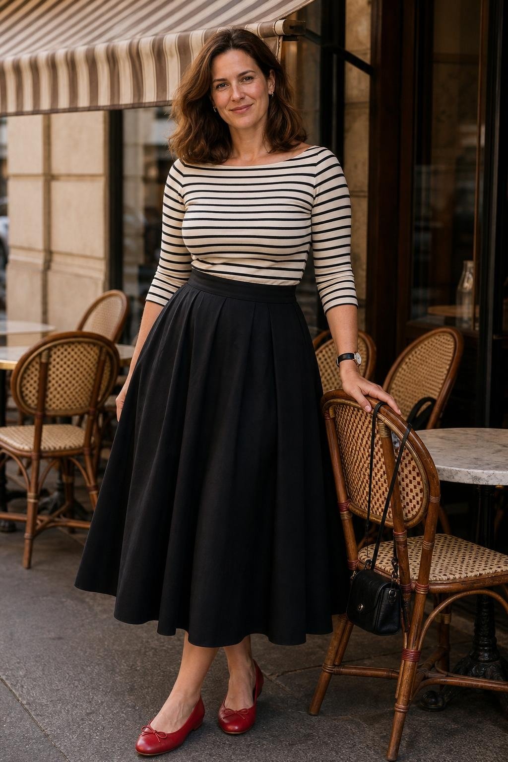 striped boatneck top, black full midi skirt, red ballet flats, Paris-inspired sidewalk café (option 2)