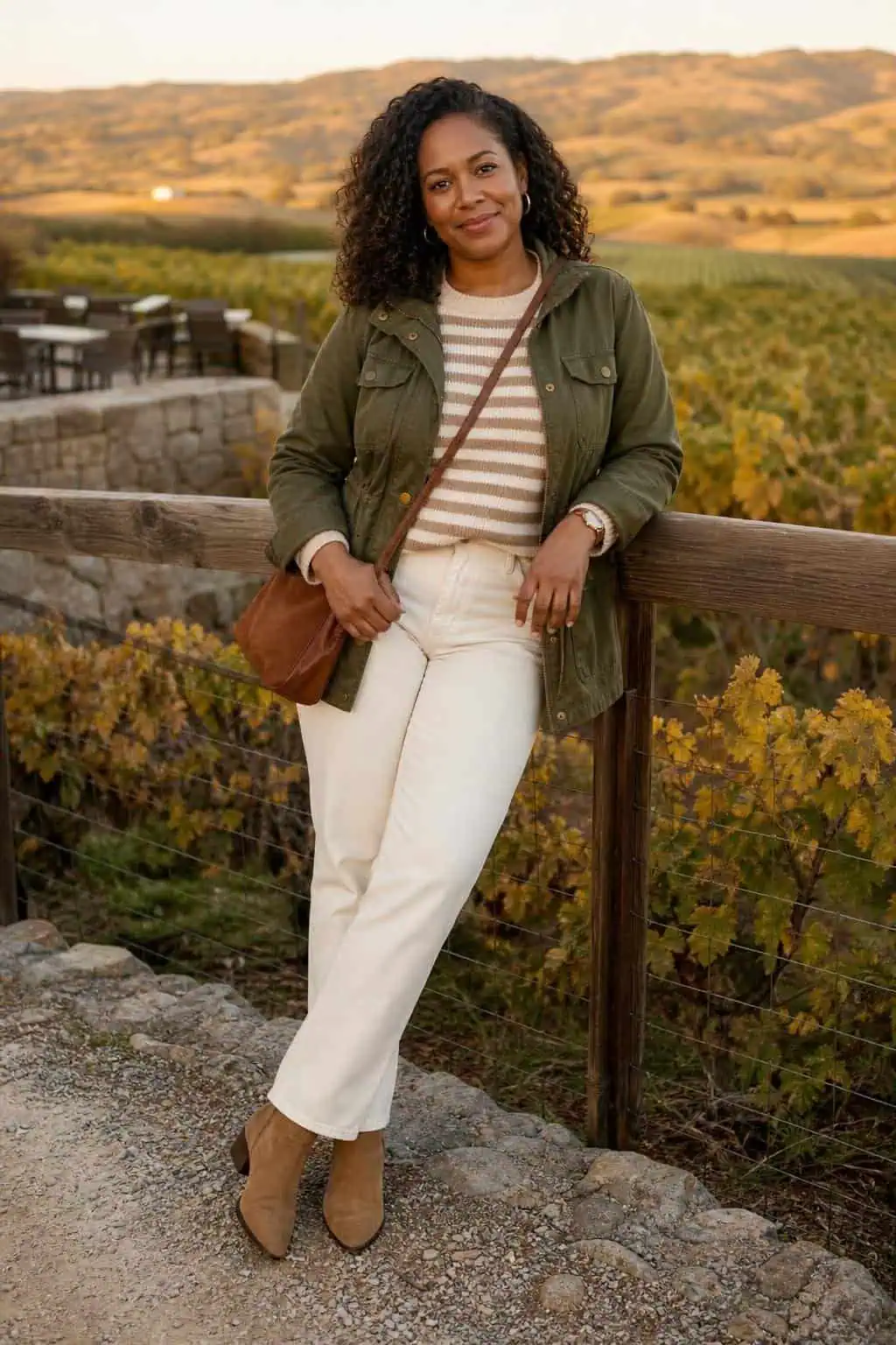 Striped knit sweater, olive field jacket, cream straight jeans, tan ankle boots, casual vineyard afternoon (option 1)