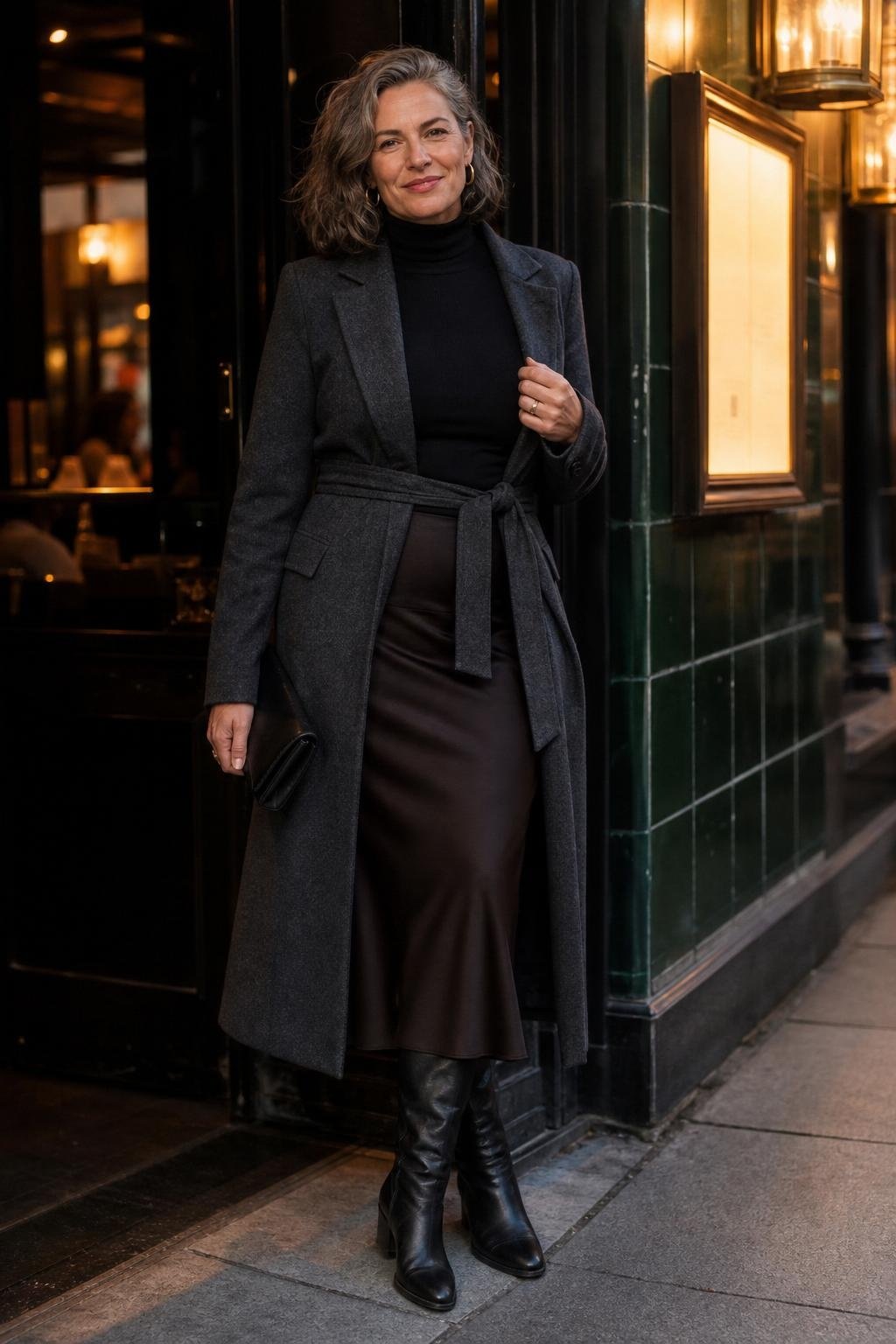 Tall black leather boots with midi skirt, fitted turtleneck, wool coat, evening restaurant entrance (option 1)