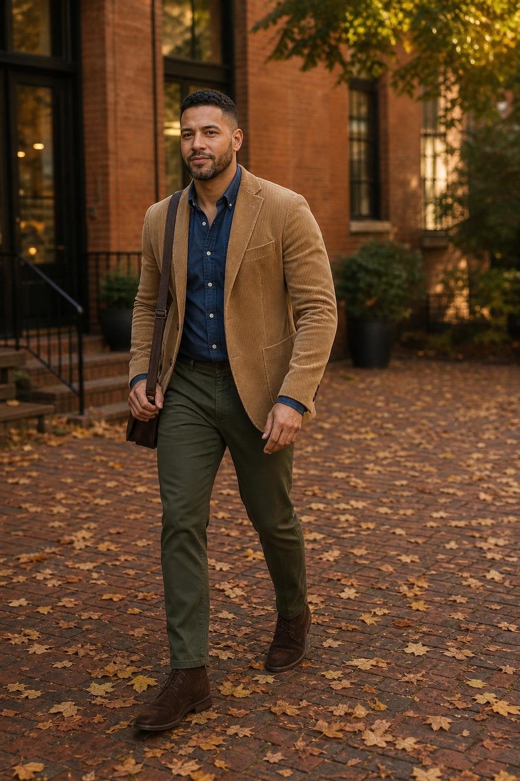 Tan corduroy blazer, moss green trousers, navy chambray shirt, brown suede boots, autumn office courtyard (option 1)