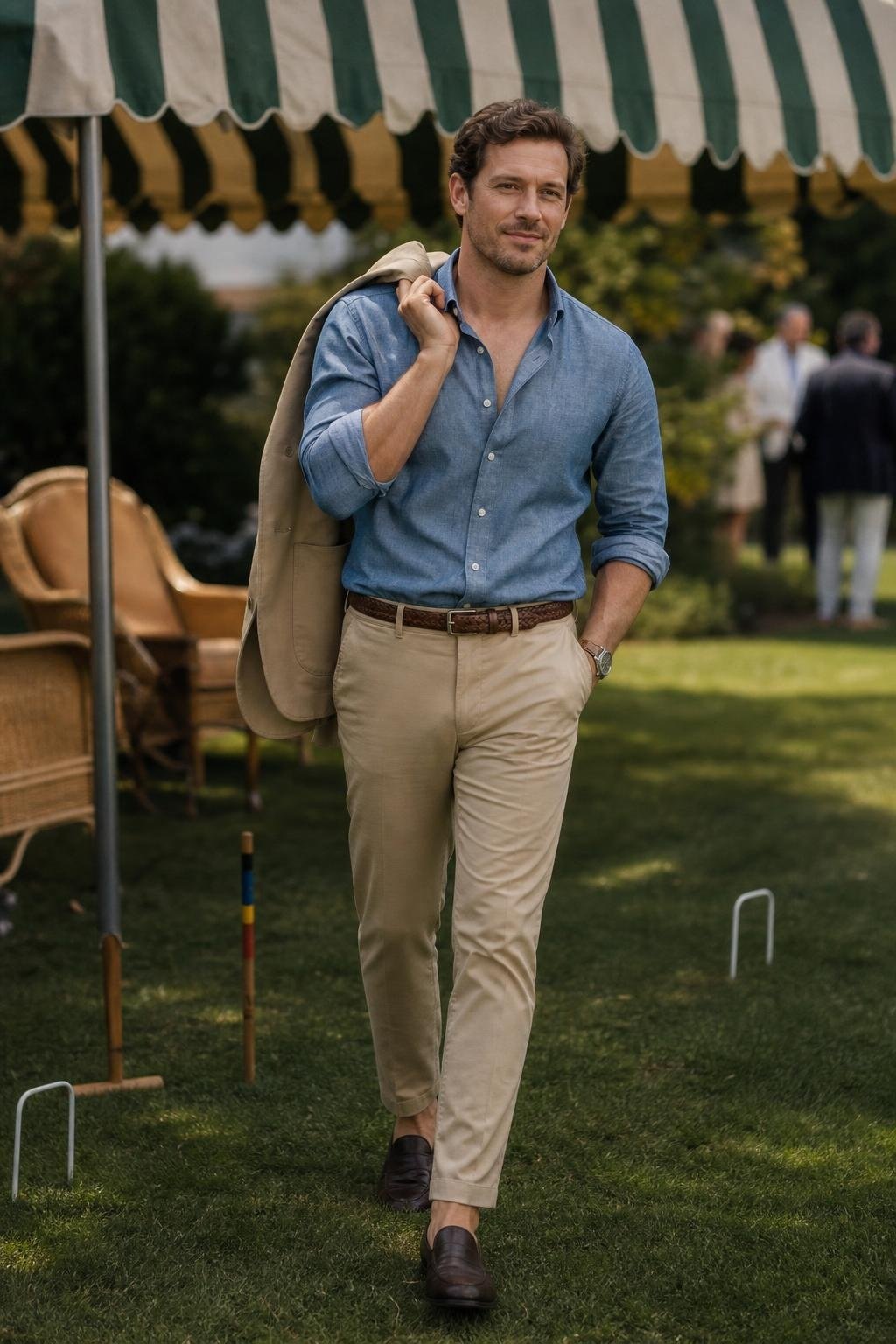 Tan cotton suit, blue chambray shirt, dark brown loafers, garden party under striped awning (option 2)