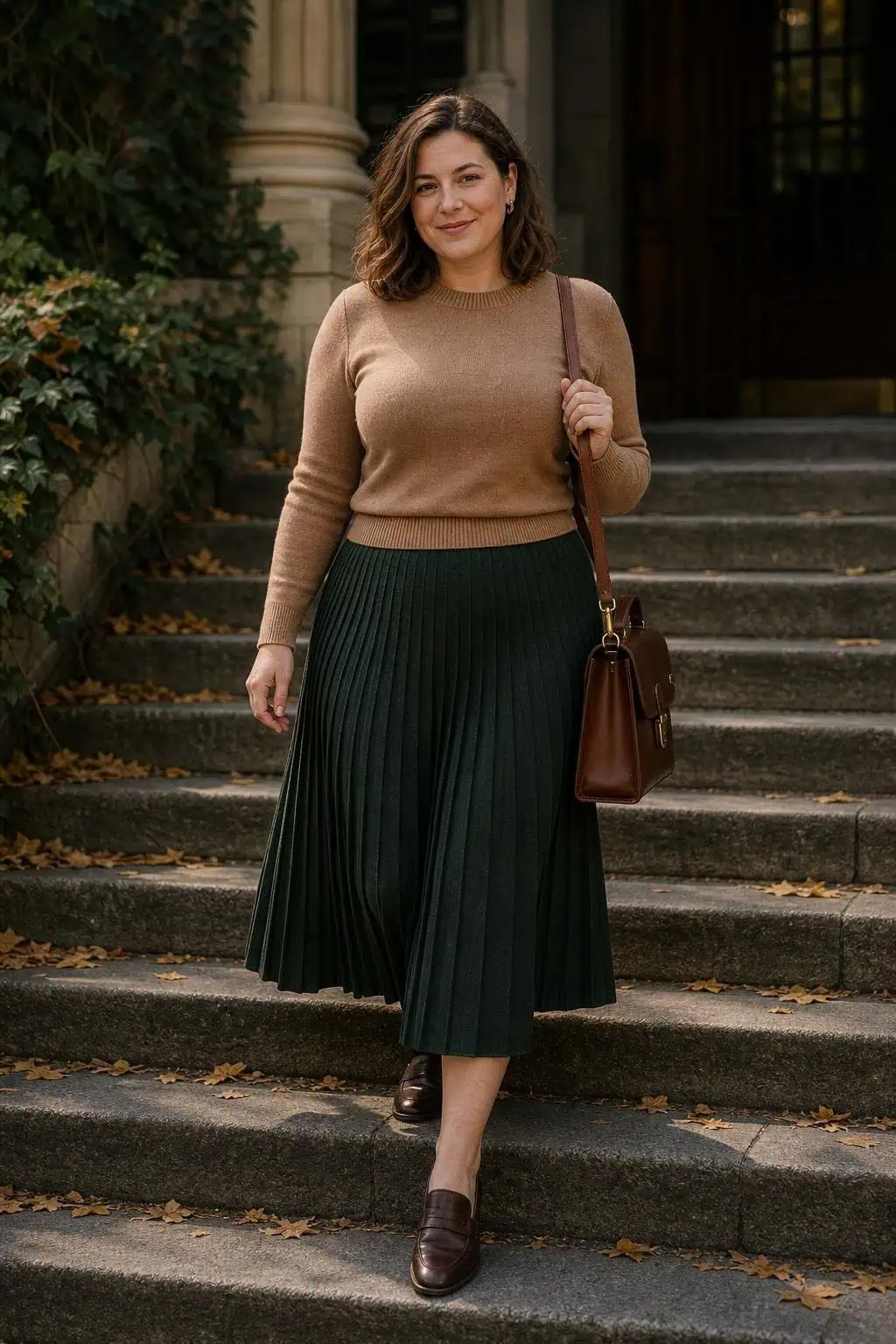 Tan crewneck sweater with forest green pleated midi skirt, loafers, satchel, library steps in autumn (option 1)