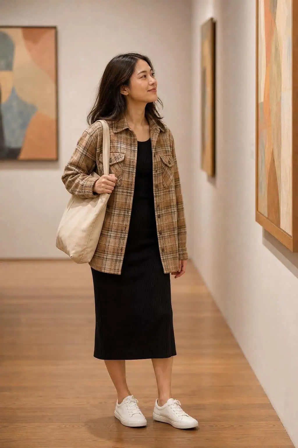 Tan plaid shacket over black ribbed midi dress, white sneakers, canvas tote, casual museum afternoon (option 2)