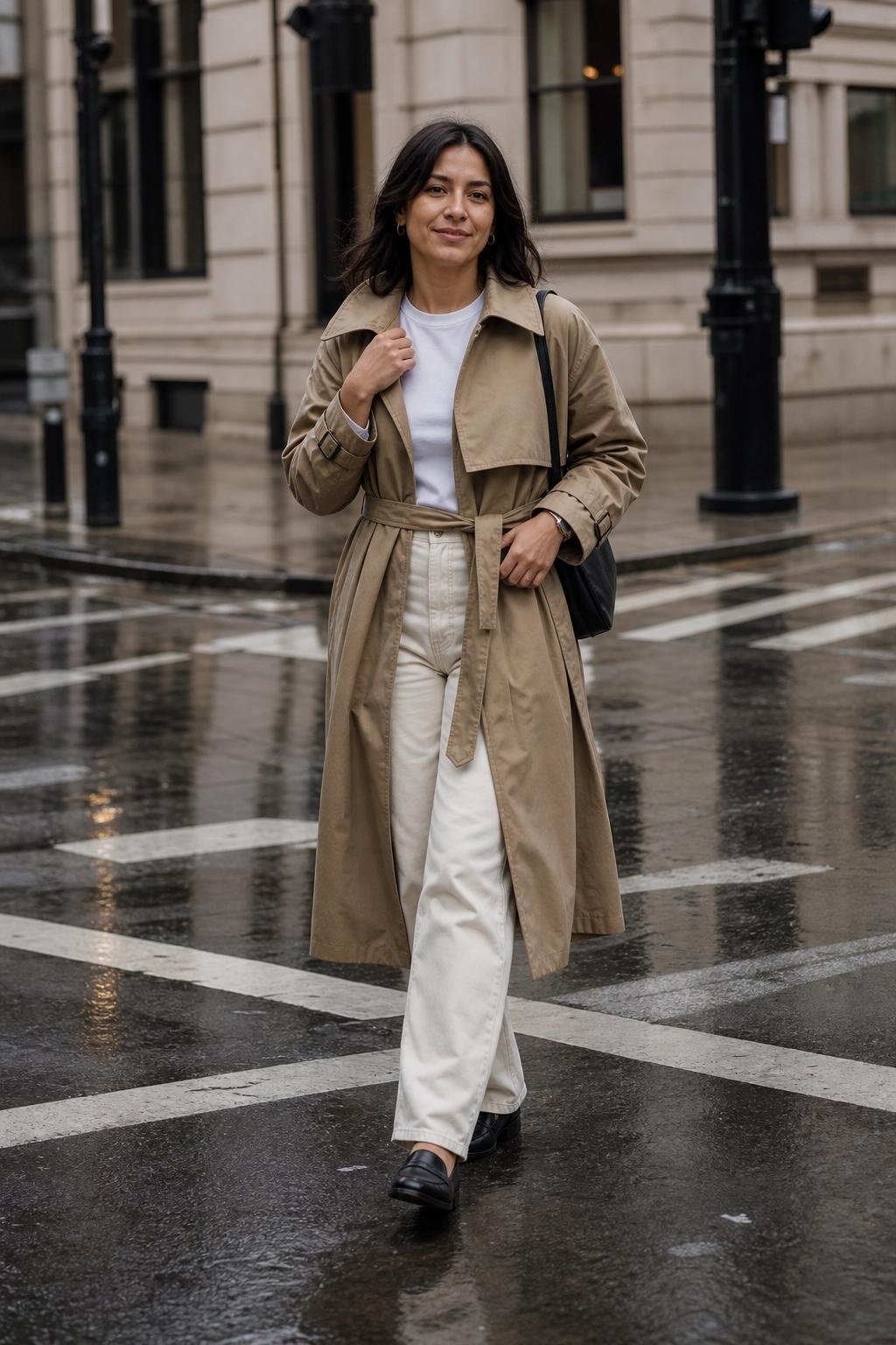 tan trench coat, ecru straight jeans, white tee, black loafers, rainy city crosswalk (option 2)