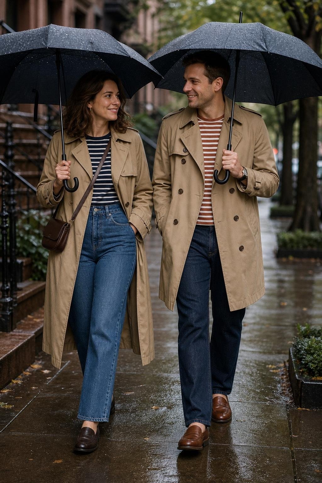 tan trench coats with striped tops, straight denim, loafers on a rainy sidewalk stroll (option 2)