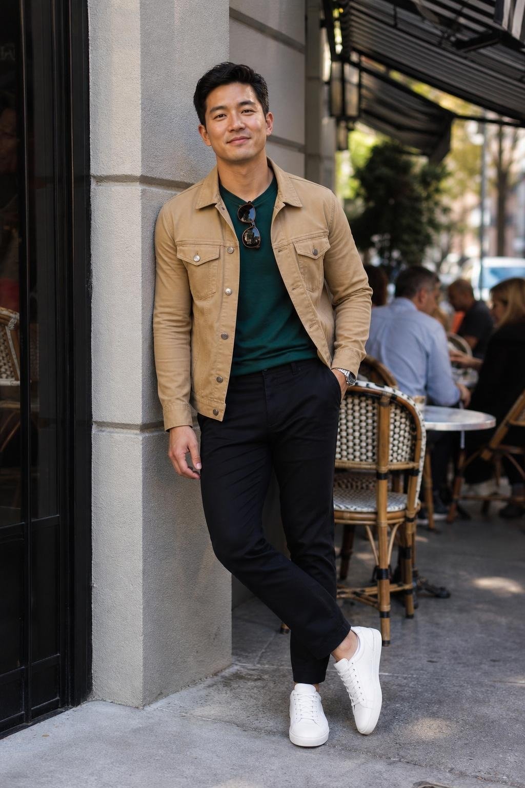 Tan trucker jacket, emerald green tee, black chinos, white leather sneakers, weekend brunch sidewalk scene (option 1)