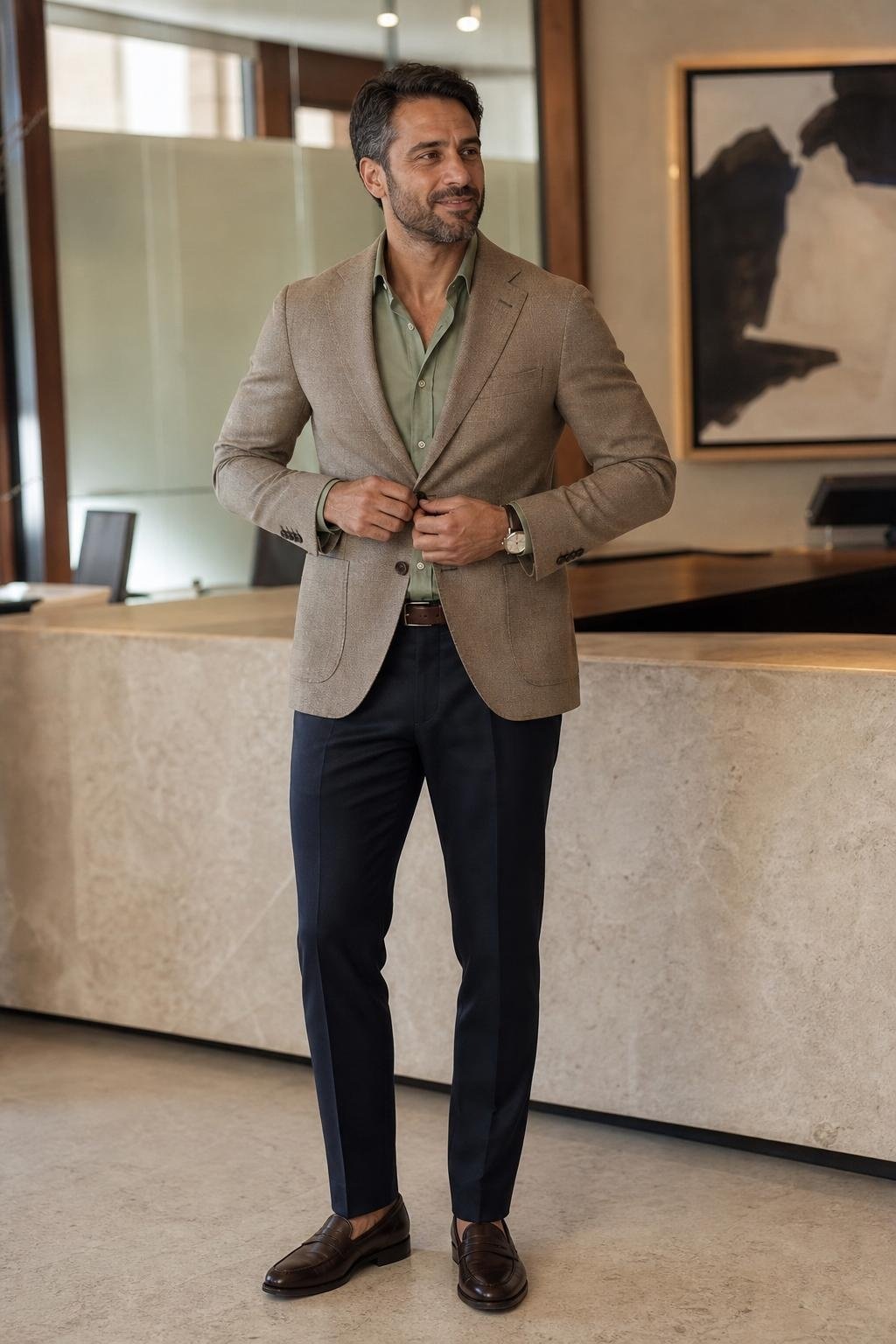 Taupe blazer, ink blue trousers, sage shirt, dark brown loafers in a client-facing office (option 2)