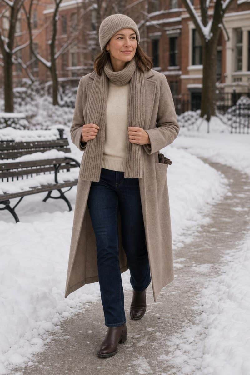 taupe coat, matching knit beanie and scarf, cream sweater, dark jeans, quiet snowy park (option 2)