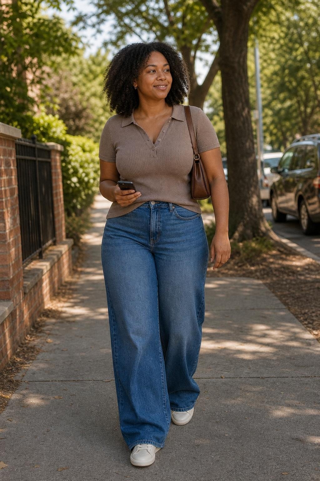 taupe knit polo, wide-leg blue jeans, cream sneakers, brown shoulder bag, sunny school pickup sidewalk (option 2)