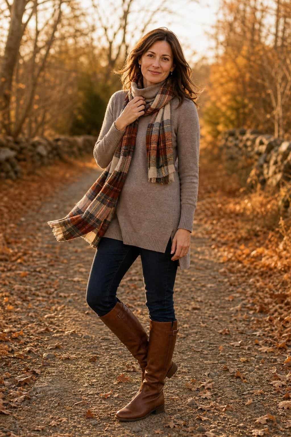 Taupe tunic sweater, dark slim jeans, cognac riding boots, plaid scarf on a leaf-covered lane (option 1)