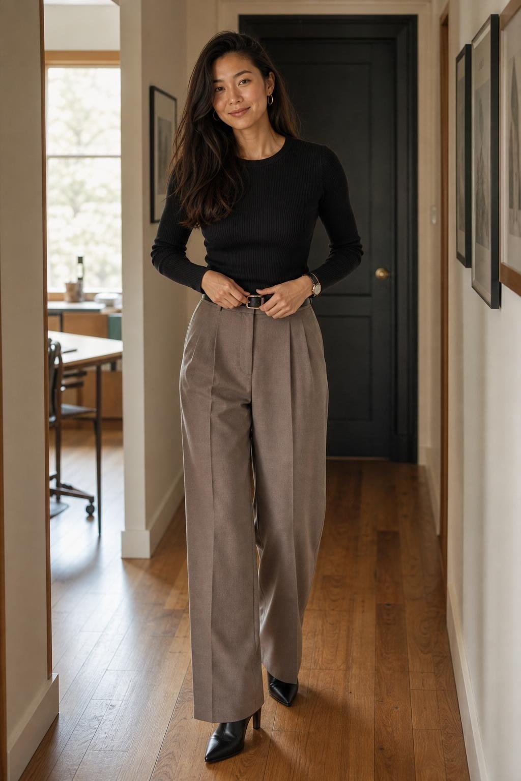 Taupe wide-leg trousers with fitted black knit, belt, heeled boots, office hallway mood (option 2)