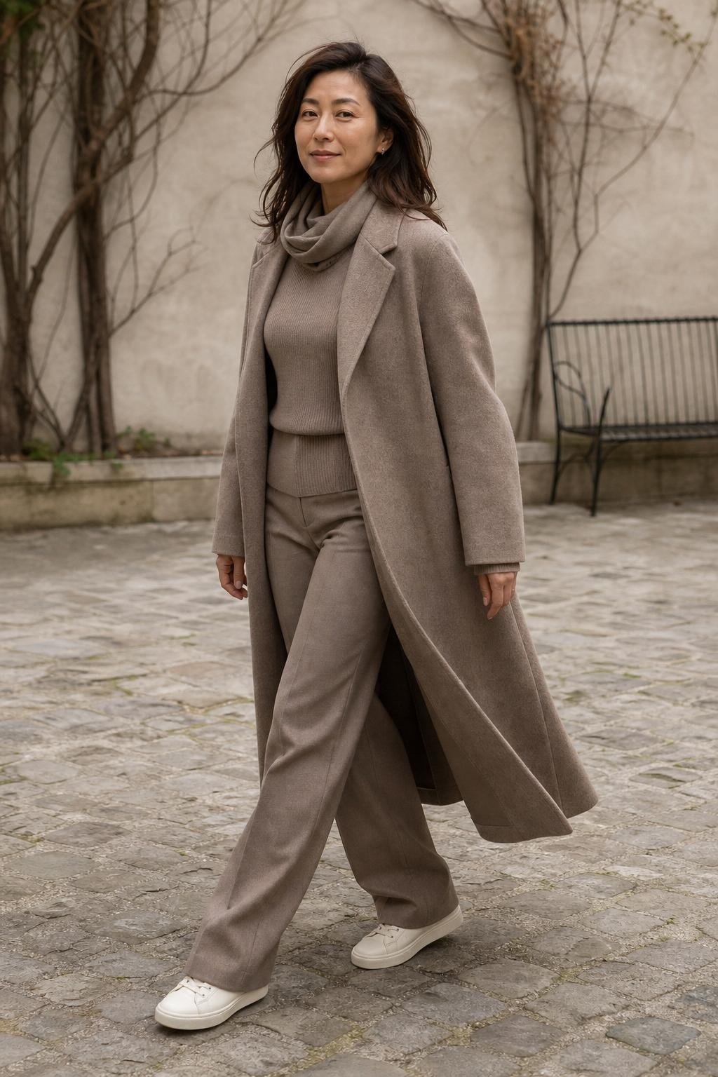 Taupe wool coat, taupe knit, taupe trousers, cream sneakers, quiet stone courtyard (option 1)