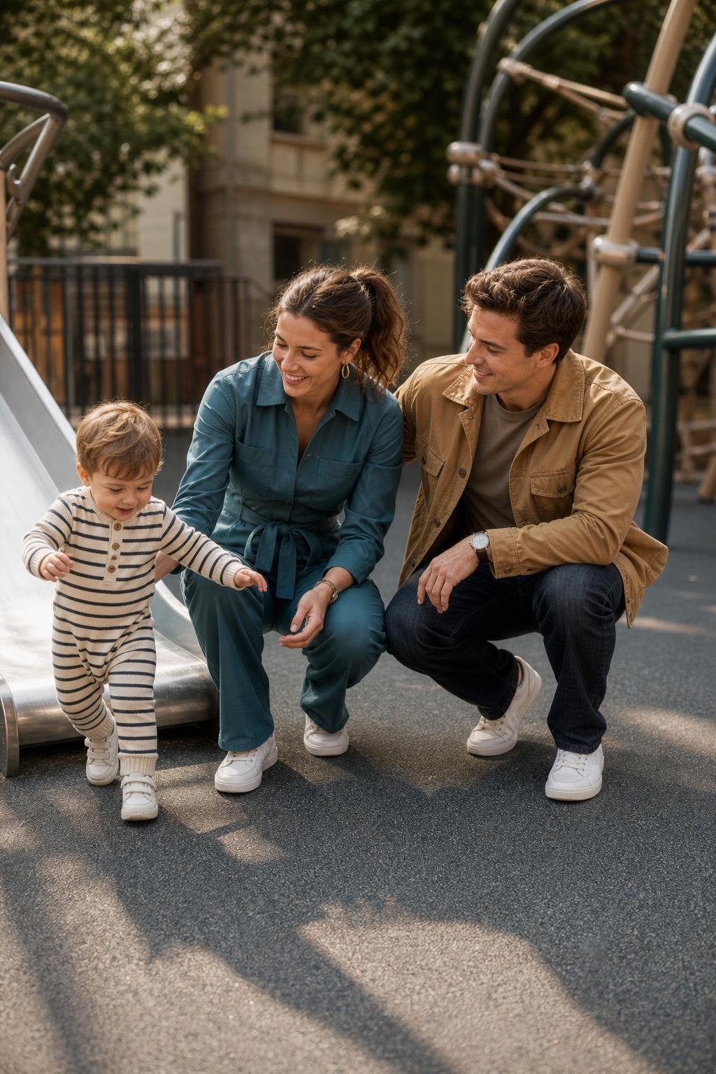 Teal belted jumpsuit, camel chore jacket, striped knit romper, white leather sneakers in a modern playground scene (option 2)