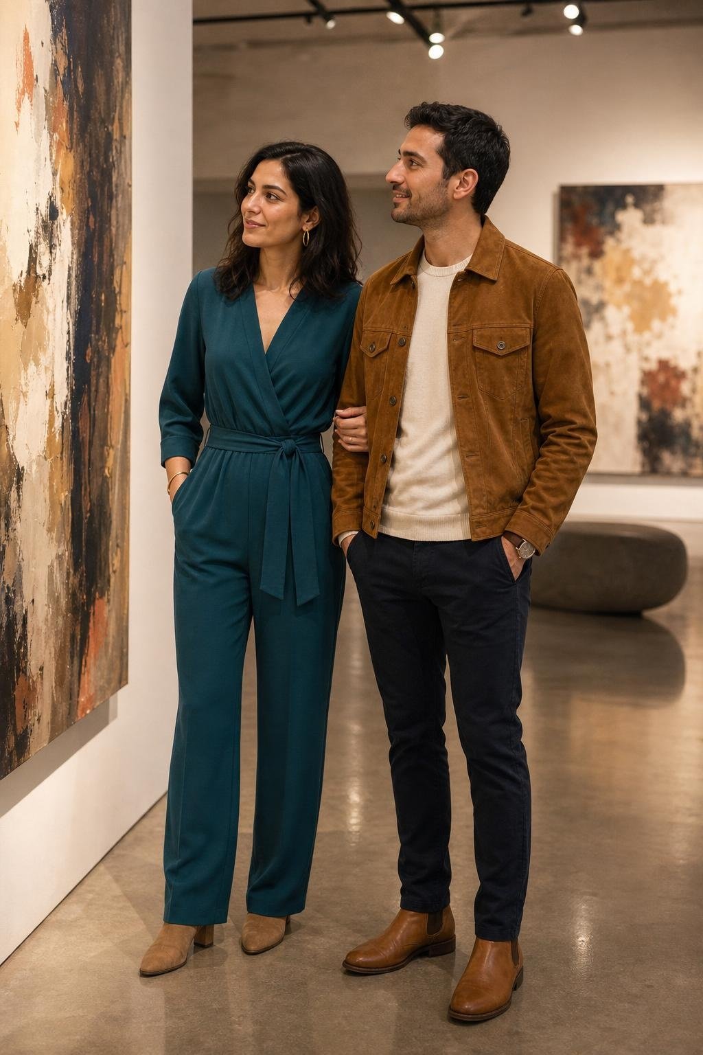 Teal belted jumpsuit with tobacco suede jacket, tan boots, cream tee and dark chinos, modern art gallery evening (option 2)