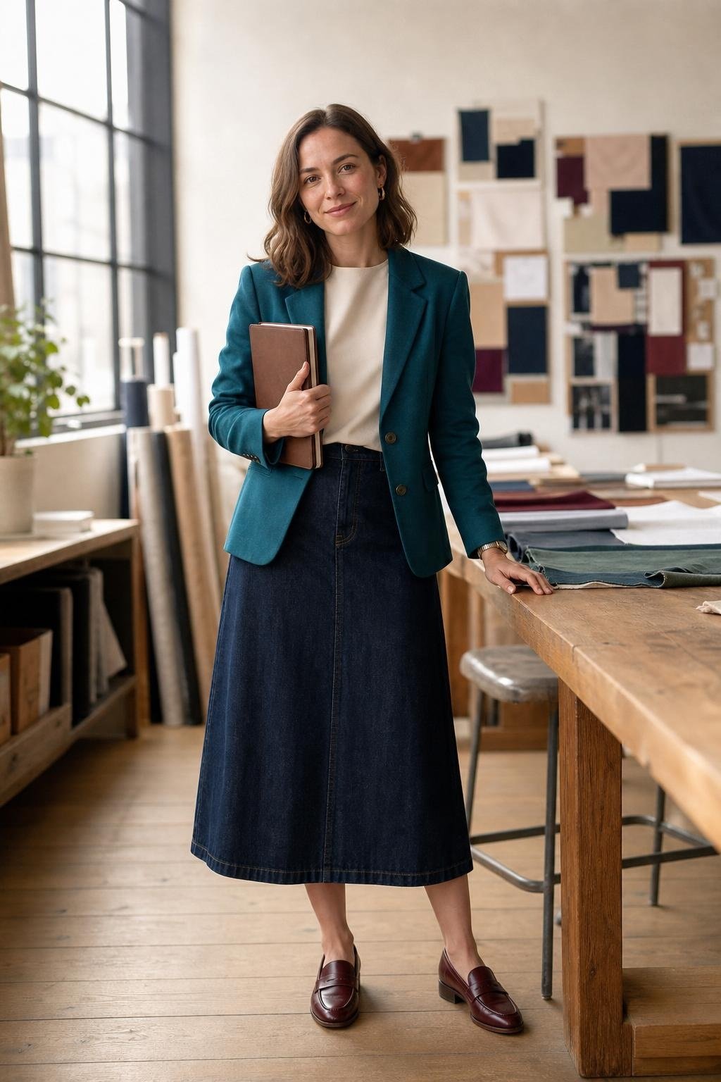 Teal blazer, dark denim midi skirt, cream shell, burgundy loafers, creative studio meeting (option 1)
